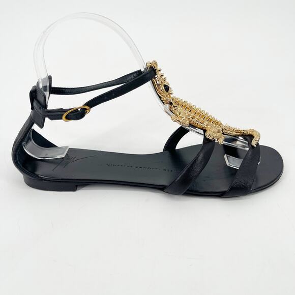 Giuseppe Zanotti Black Leather Gold Crocodile Embellished Flat Sandals IT 37.5 - Picture 3 of 13